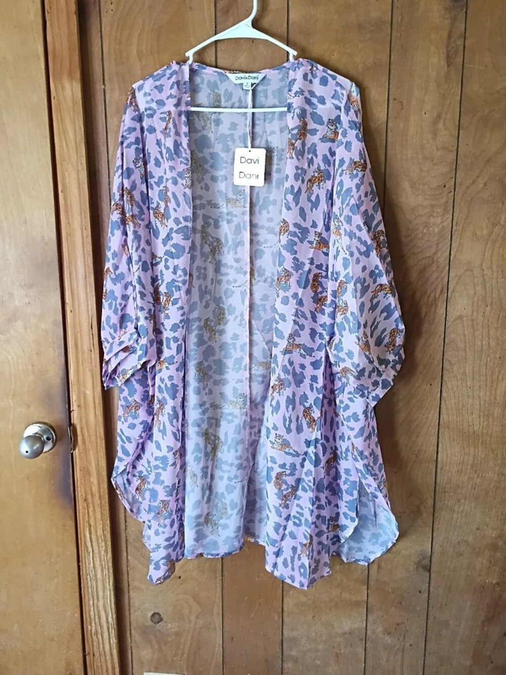 Davi & Dani Sheer Open Front Kimono Cardigan Size S Purple Tiger Floral Polyeste